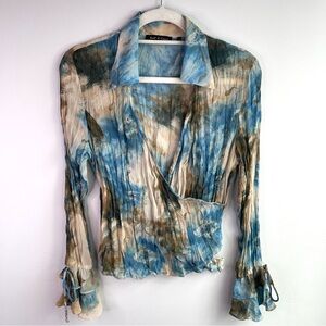 Violet & Claire Blue and Beige Ruched Wrap Blouse With Ruffles In The Sleeves